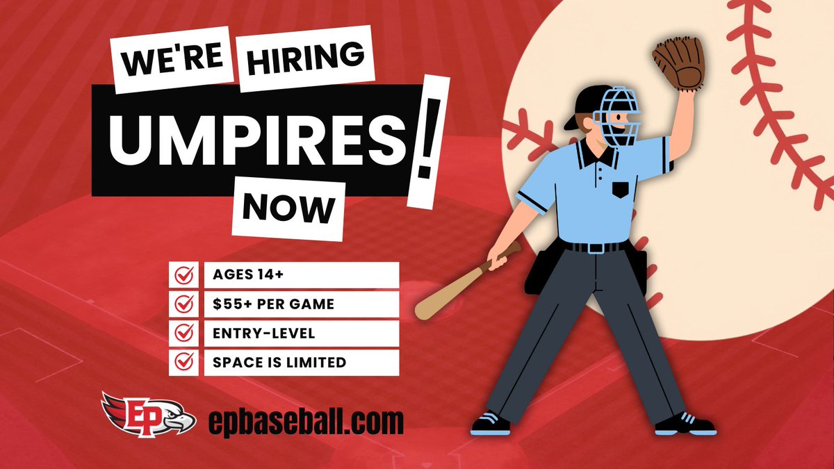 BaseballEP's tweet image. We’re recruiting Junior Umpires for the upcoming season!
- Space is limited! 18 spots available, and up to 10 on the waitlist — so don’t wait!
- Registration closes February 28th, or when spots are filled
- No experience needed
Sign up now: bit.ly/3LHeoy5