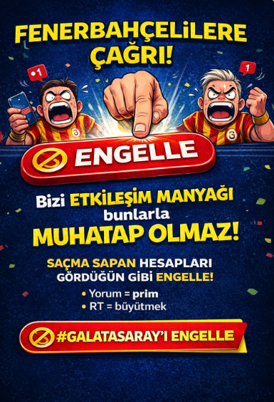 SLGundem's tweet photo. Güncel her olayın altına saçma sapan yorum atıp etkileşim kasan Galatasaraylıların hesaplarını beslemeyin.
Yorum yok, RT yok.
Gördüğünüz gibi ENGELLEYİN.
Fenerbahçe taraftarı muhatap olmaz, prim vermez.
Algı da takipçi de ilgisizlikle biter.
#Fenerbahçe #Fenerbahce #FB #AntiGs https://t.co/yg59f4EYEM