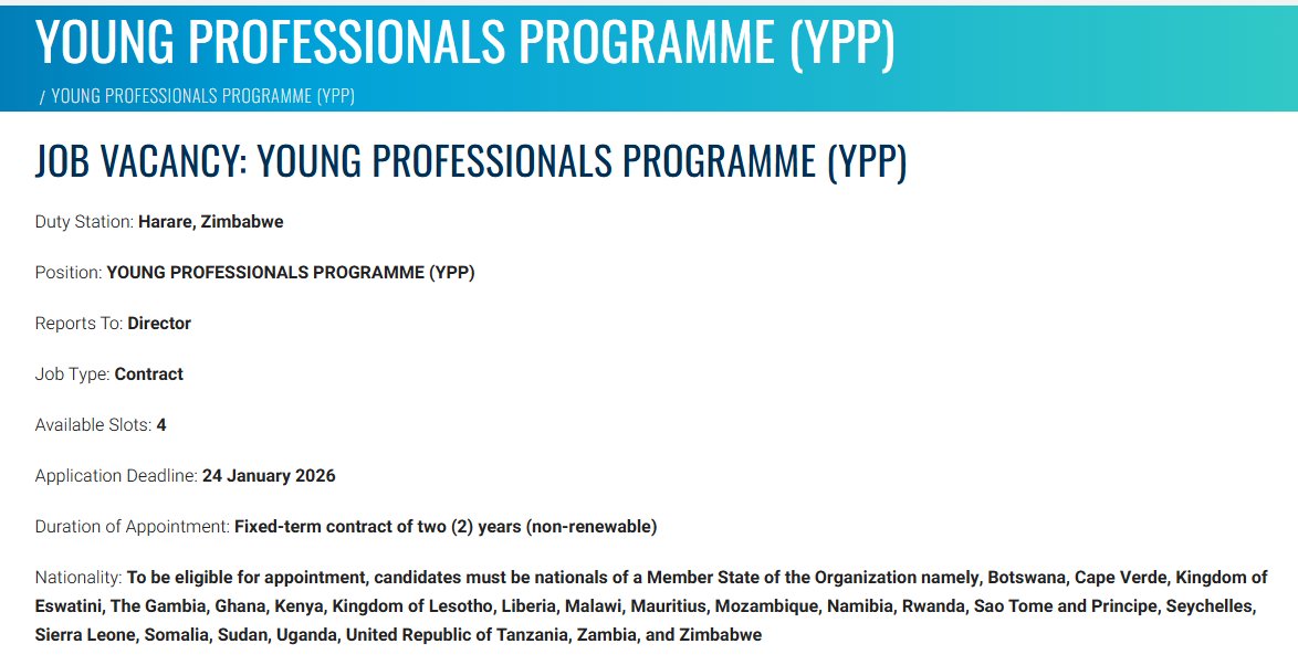 opportunitiesfy's tweet photo. 🚀 YPP 2026 at African Regional Intellectual Property Organization (ARIPO) is open for young African graduates—US$2,500/month, 2-year contract in Harare, apply by 24 Jan 2026 👉 https://t.co/6bQDTu0033
#YPP2026 #AfricanJobs #PaidJobs #OpportunitiesForYouth https://t.co/6FPnwCiWED