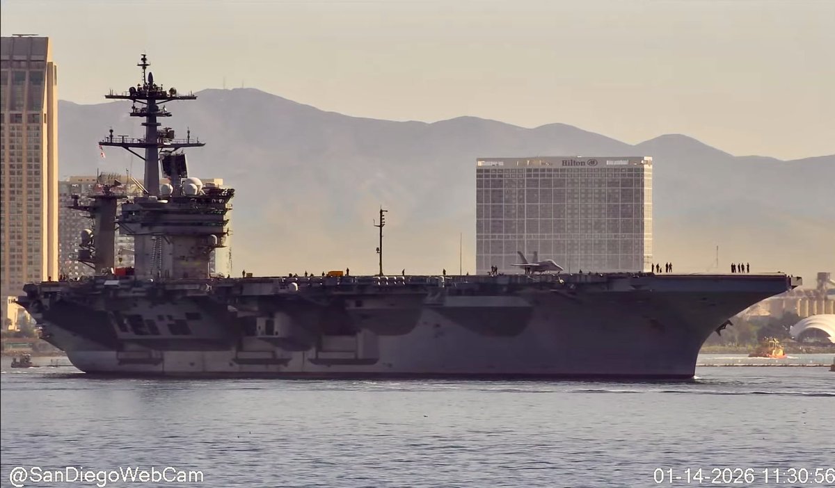 WarshipCam's tweet photo. USS Theodore Roosevelt (CVN 71) Nimitz-class aircraft carrier leaving San Diego - January 14, 2026    SRC: YT- SanDiegoWebCam https://t.co/C9cJylB9g6