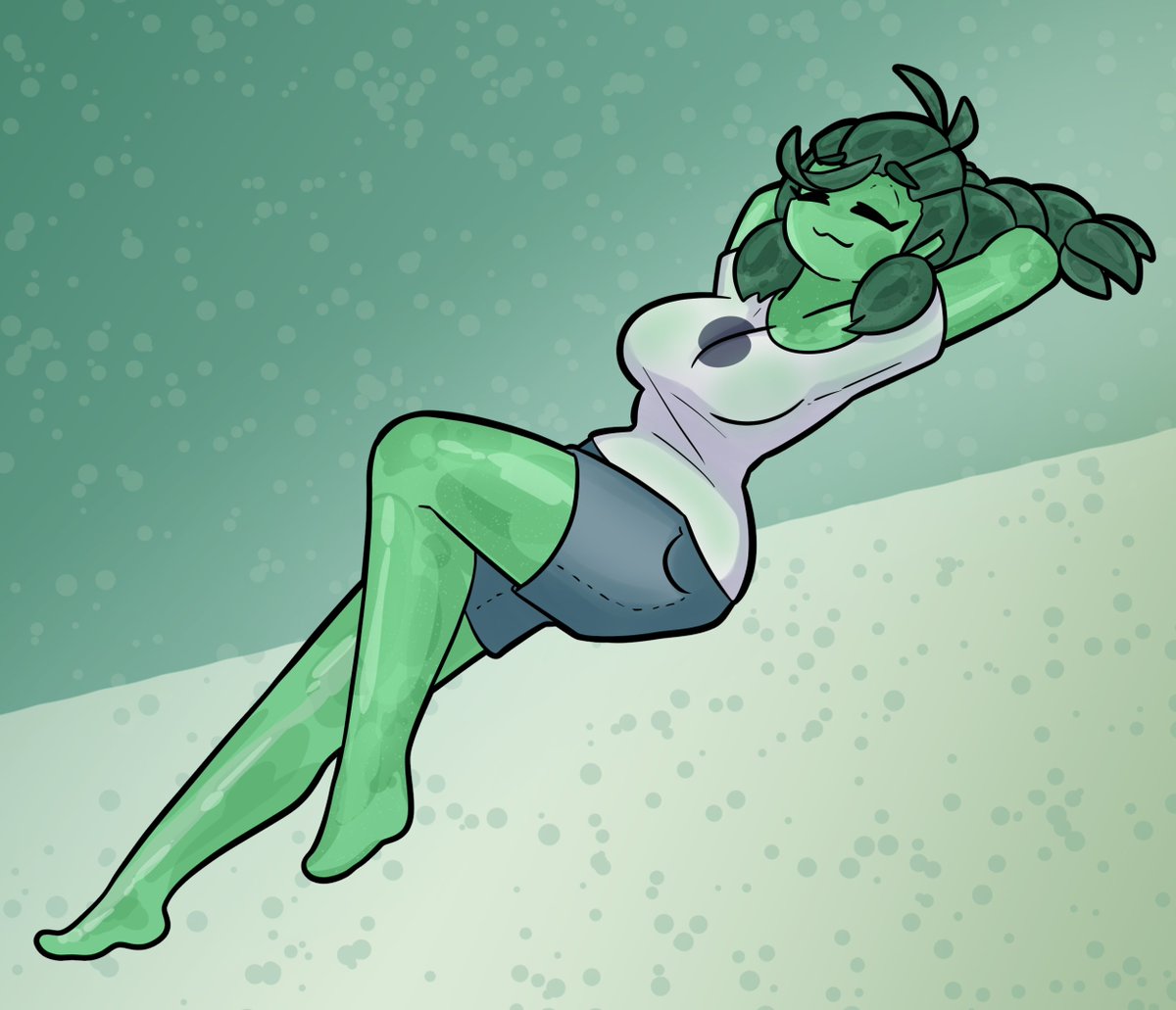 test1_5's tweet image. Mint on her day off, living the big slimelaxing life.
Shorts, t-shirt, the ultimate comfy lifestyle for Mint :3

Art by @Azupazu