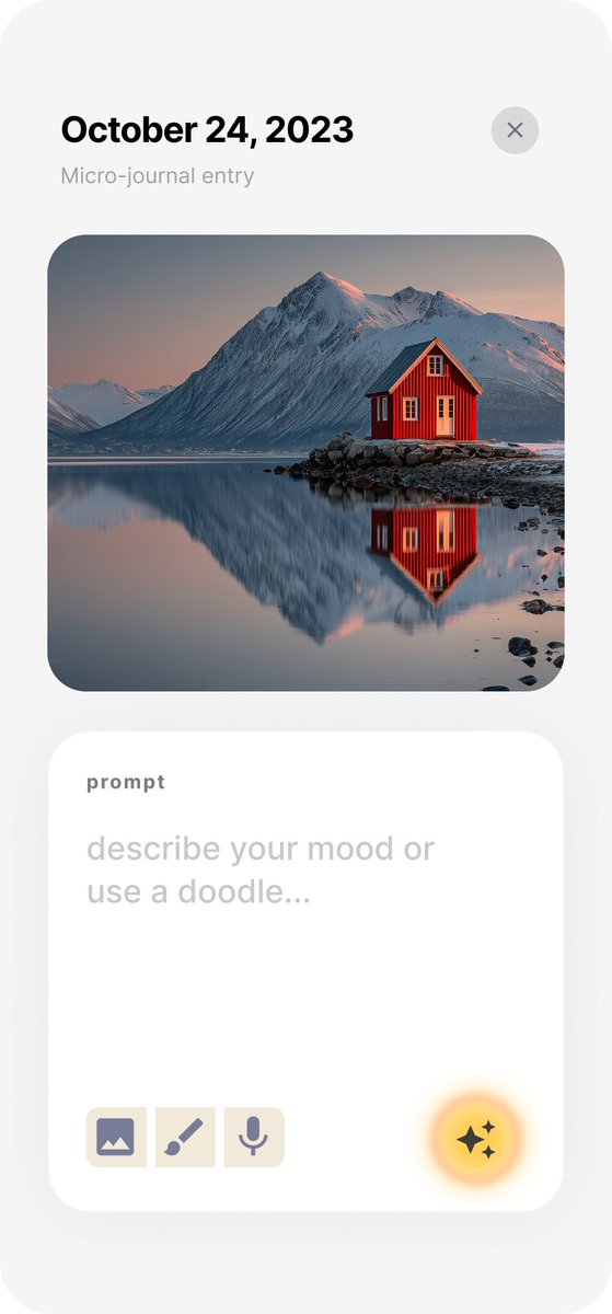 baiandhei's tweet photo. Day 13/30 Design Challenge: 
AI-powered micro-journal for quick travel diaries—snap a pic, doodle moods, or voice note. 
Glowy AI button (Google soft visual language) generates magic.

#30DayDesign #ProductDesign #AppDesign https://t.co/U9cBuaaoDf