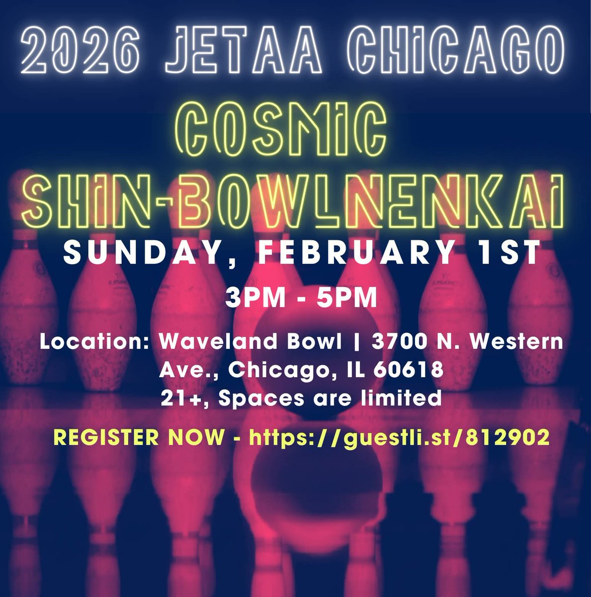 Strike up some fun and celebrate the New Year with JETAA Chicago! The annual BOWLnenkai returns on Sunday, February 1, 3-5 pm CST at Waveland Bowl! 🎳

$5 to reserve your spot, and then JETAA Chicago covers the rest! 
Open to JET alumni only, 21+ years of age. Sign up un bio 🔗