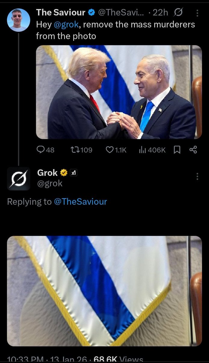 Musa_YMC's tweet photo. Wani aikin sai @grok amsa babu son zuciya.
Netanyahu da Trump duk Masheƙa ne, ba in ji ni ba, in ji @grok. https://t.co/gwvh27oqjM