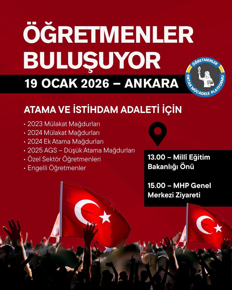 ÖĞRETMENLER ATANMAK İÇİN 19 Ocak’ta Ankara’da buluşuyor! 

Atanmış, Ataması Yapılmayan, Özelde Çalışan, Ücretli yapan TÜM ÖĞRETMENLER mutlaka katılmalı! 

Destek için beğenip Rt yapar mısın öğretmenim…