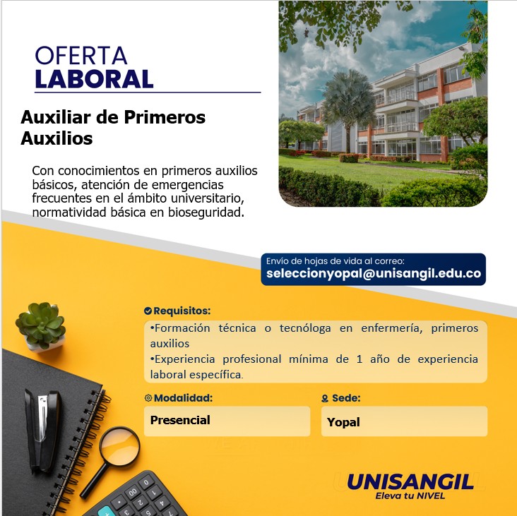 HumanoYopal's tweet photo. 🚑 ¡UNISANGIL te necesita! 👩‍⚕️ Auxiliar de Primeros Auxilios 
Si tienes formación en enfermería o primeros auxilios y experiencia en atención de emergencias, esta es tu oportunidad de aportar al bienestar de nuestra comunidad universitaria. 📍 Sede: Yopal
🏫 Modalidad: Presencial https://t.co/ESknm8x3uA