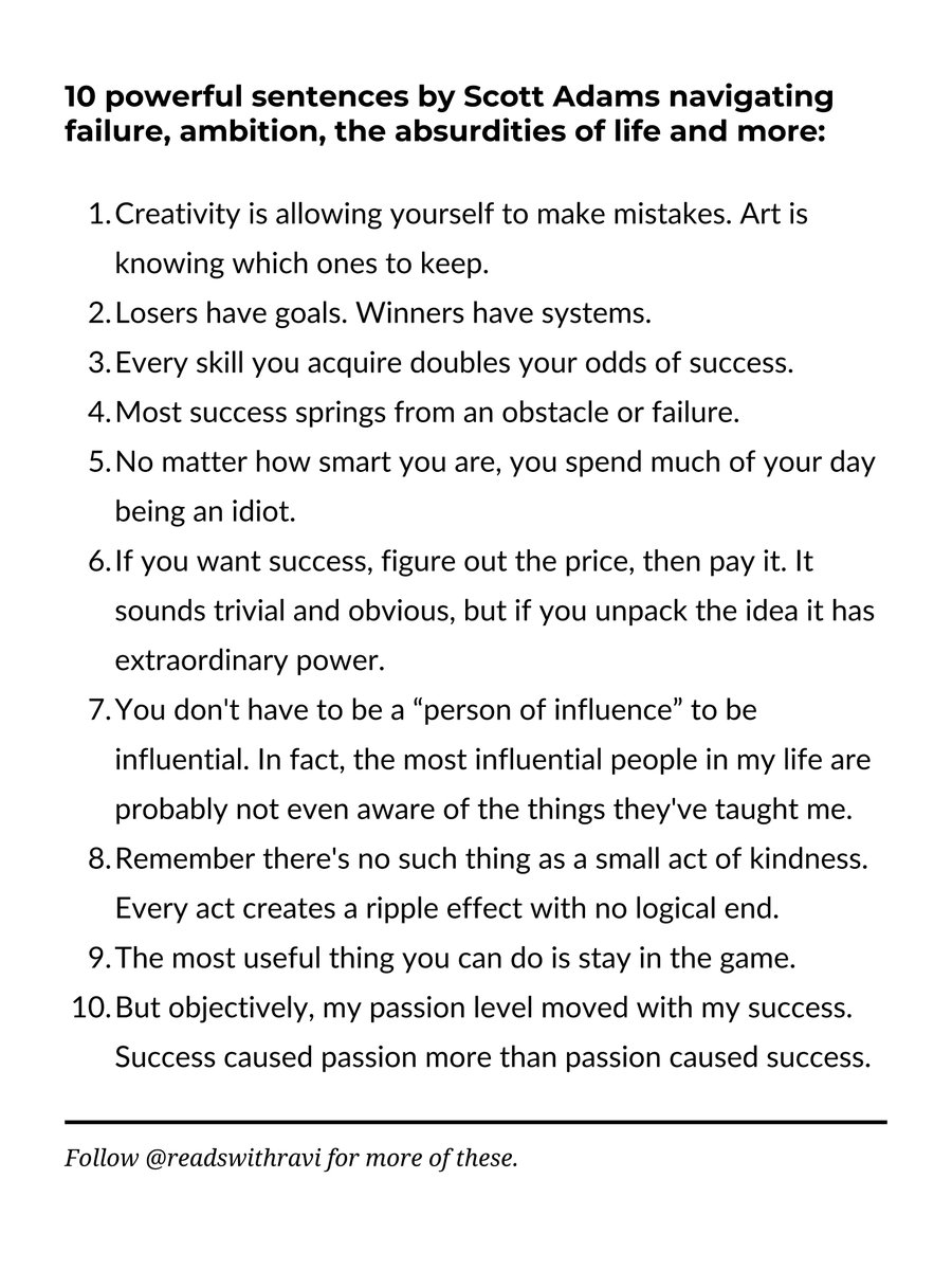 10 powerful sentences by Scott Adams navigating failure, ambition, the absurdities of life and more: