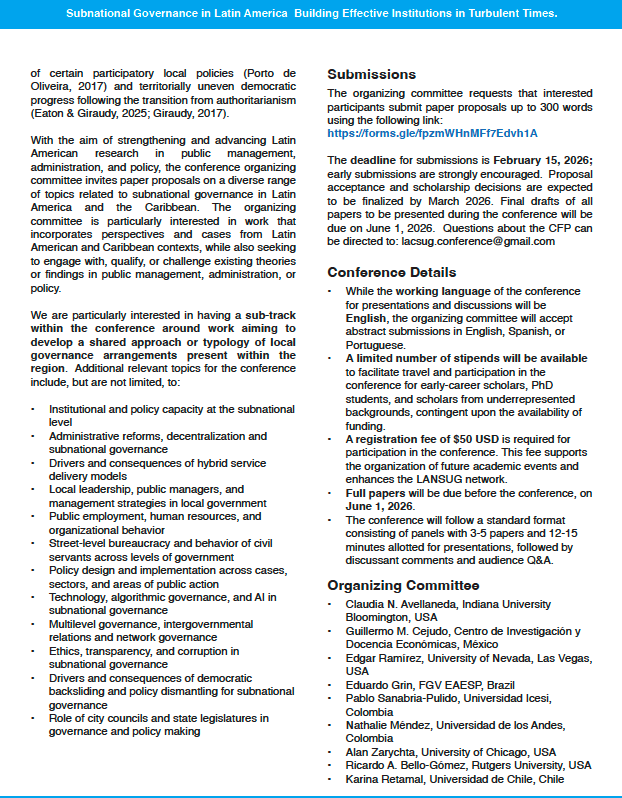 edgareramirez's tweet photo. The Latin American Network on Subnational Governance (LANSUG) Second Conference:

Subnational Governance in Latin America
Building Effective Institutions in Turbulent Times.

Santiago de Chile June 24-26, 2026

Call for Papers https://t.co/dVitDhKd9N