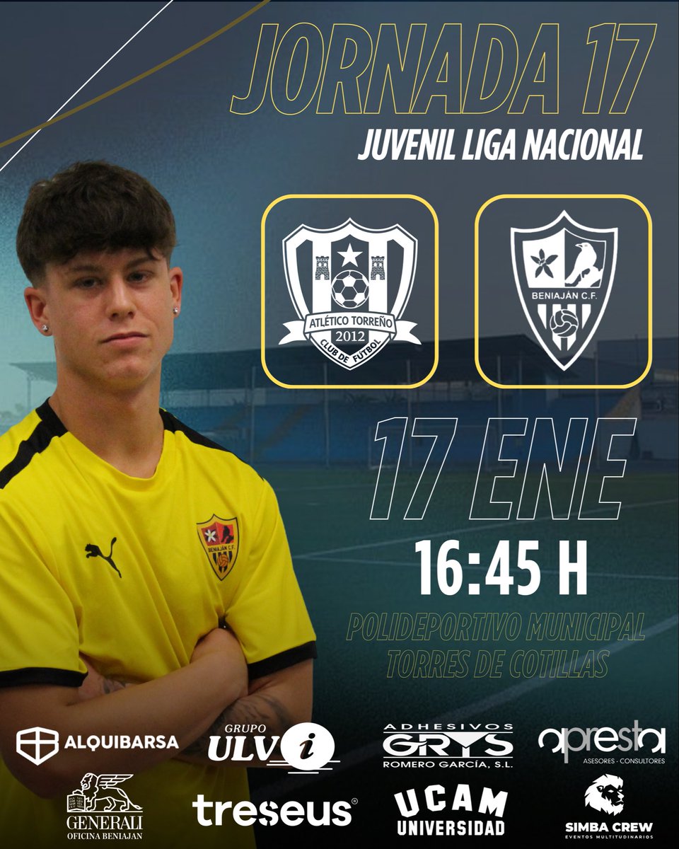 //LIGA NACIONAL//

JORNADA 17 ✅

ATLÉTICO TORREÑO C.F. 🆚 JUVENIL A

Sábado 17 Enero 🗓️

16:45 ⏰

Polideportivo Municipal Torres de Cotillas📍
 
VAMOS AMARILLOS💛🖤