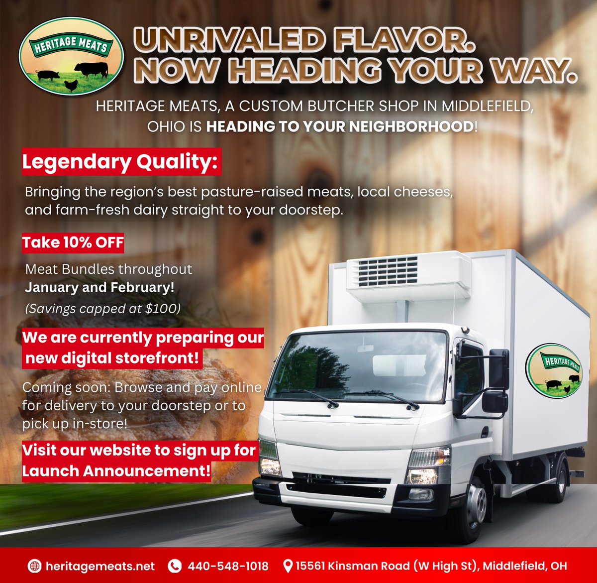 MiddlefieldPost's tweet image. 🚚🥩 Heritage Meats is expanding delivery—bringing pasture-raised meats, local cheeses &amp;amp; farm-fresh dairy to your doorstep.

💥 Take 10% OFF meat bundles in Jan &amp;amp; Feb (cap $100)
🛒 Online ordering coming soon!
👉 Sign up: heritagemeats.net

#HeritageMeats #LocalButcher #Ad