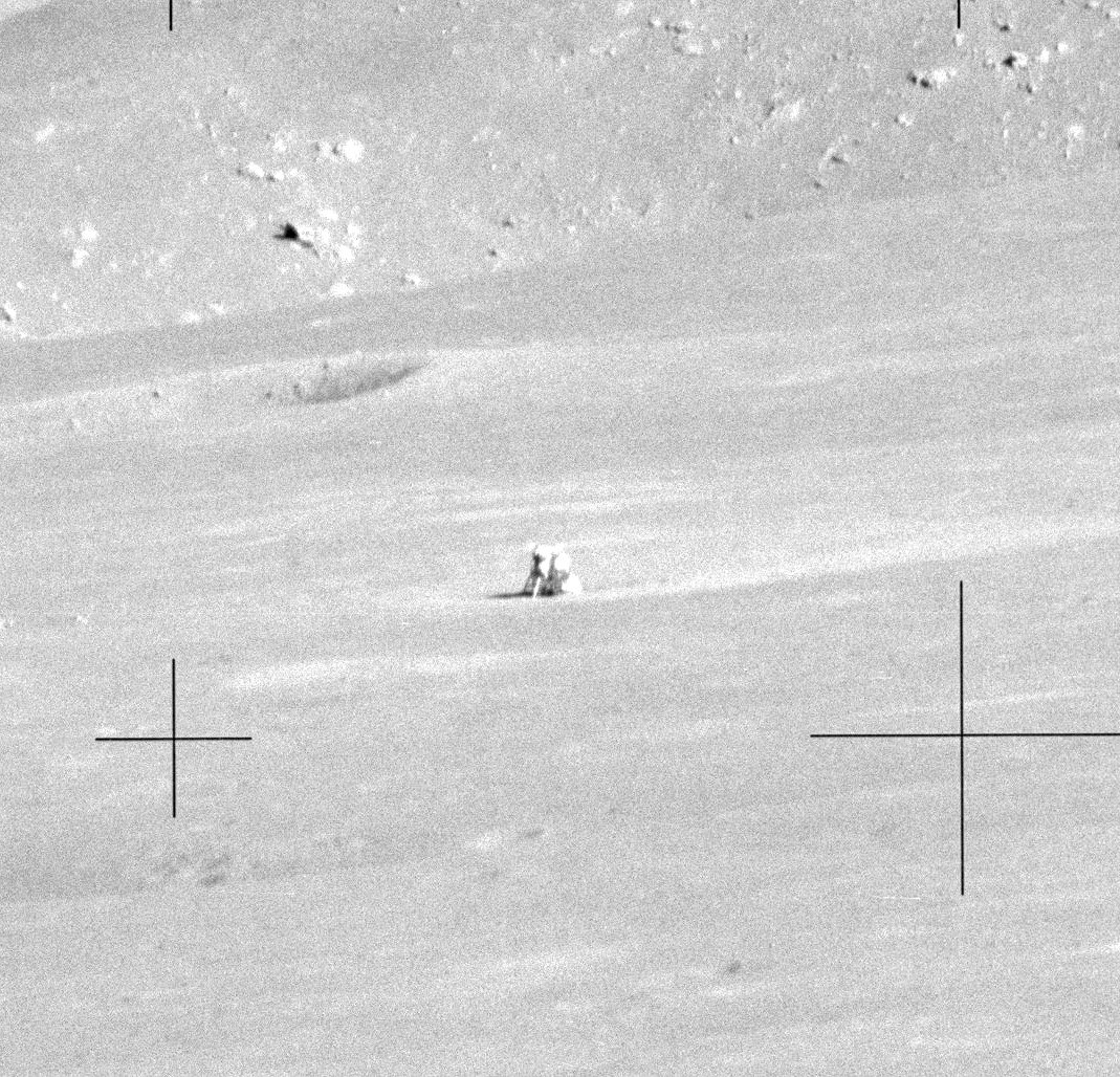 Apollo 15 Landing Site from 6km

This incredible photo was captured by Dave Scott from Spur Crater on EVA-2. It shows the Lunar Module, Falcon on the Hadley Plain 6km in the distance!

Scott said this is his favourite photo from the whole mission

See pic 2 for close up