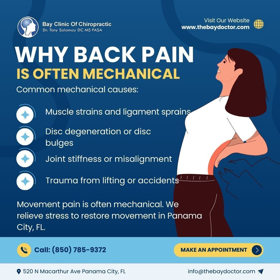 thebaydoctor's tweet image. Strains, disc issues, joint stiffness, and injuries are common triggers of back pain.

At Bay Clinic of Chiropractic, we treat the source of mechanical back pain.

dub.sh/ZdbTUI5

#bayclinicofchiropractic #panamacityflorida #backpainrelief #chiropracticcare #spinalhealth
