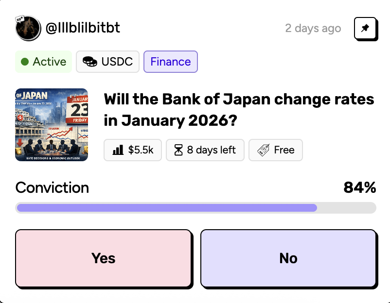 Found a new market on <a href="/xodotmarket/">XO Market</a> 
Will the Bank of Japan change rates in Jan 2026?
With policy shifts slowly taking shape, the pressure is building - but timing is everything. 
Right now, I’d lean toward NO, expecting caution to win. Conviction over hype ❌⭕📊
<a href="/AiraaAgent/">Airaa HQ 🌸</a>