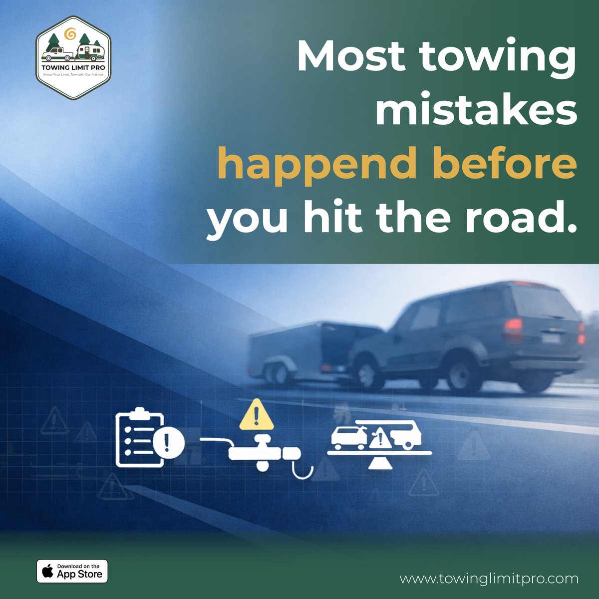 TowingLimitPro's tweet image. Most towing problems don’t start on the highway.
They start before you even turn the key.

Payload, tongue weight, passengers, gear —
get the setup wrong and the trip is already unsafe.

Tow smarter. Plan before you roll. 🚚
#TowingTips #RVLife #TruckLife #TowingLimitPro