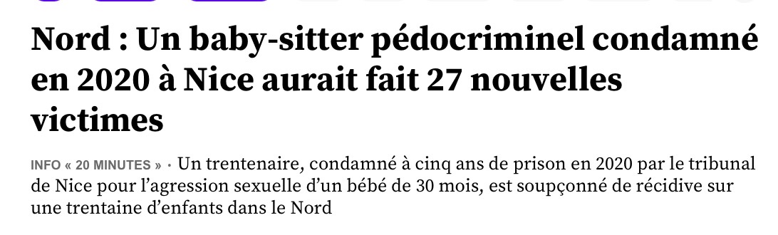 TeamFSociety1's tweet photo. 🤬🤬COLÈRE !
Un Niçois de 36 ans arrêté à Tourcoing, suspecté d’agressions sexuelles sur mineur dont il était le baby-sitter.
Déjà été condamné à 5 ans de prison pour les mêmes faits, en 2020. Il était sorti de prison mi-2023 et avait interdiction de travailler avec des enfants. https://t.co/ioVYWpRGQk