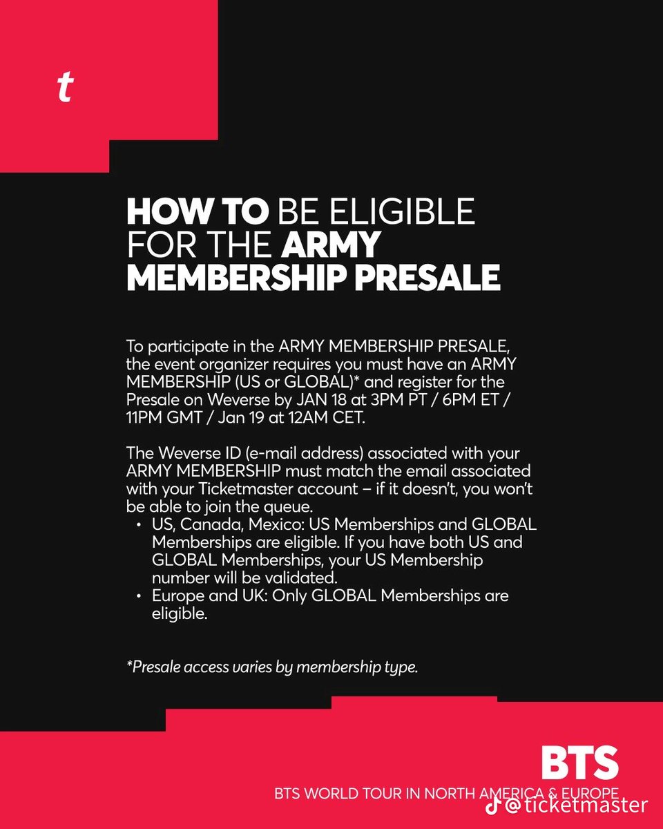 KpopStagePass's tweet image. In this gallery, we will be going over

●ARMY MEMBERSHIP PRESALE AND GENERAL ON SALE DATES

●ARMY MEMBERSHIP PRESALE eligibiliyy

●Tour dates &amp;amp; Purchase limits
Join chat community for full info
t.me/BTS2026WORLDTO…

#BTS #BTS_WORLDTOUR #concerts #concerttickets