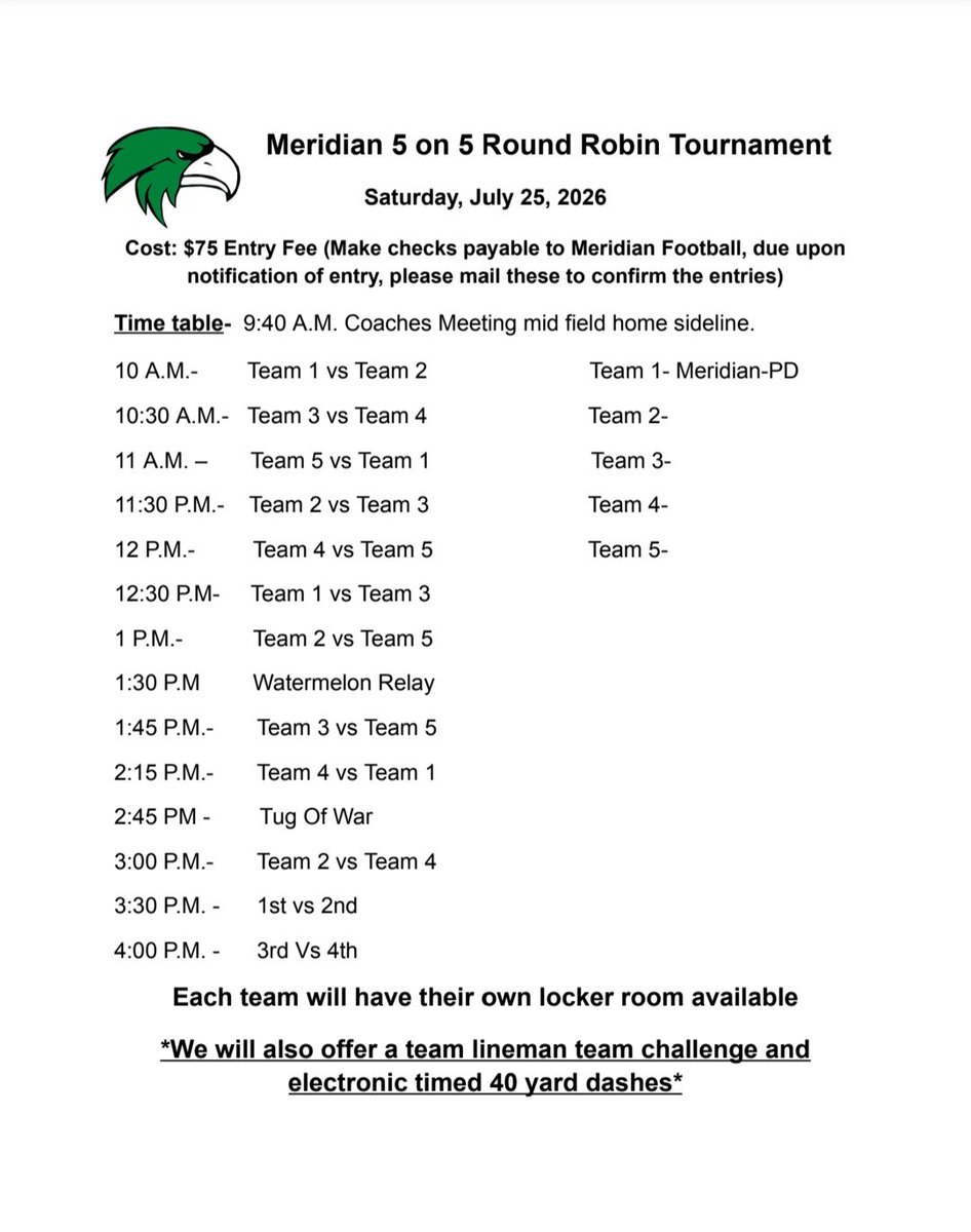 NUICFootball's tweet image. 🚨I8FA Coaches🚨

The Meridian Hawks are hosting a 5 v 5 tournament and lineman challenge once again this year for those interested.

Details below.