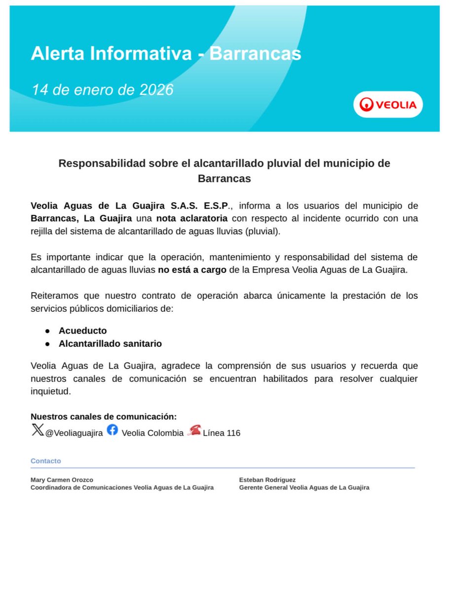 Compartimos la siguiente #AlertaInformativa 📢 para el municipio de Barrancas, La Guajira.🏜️