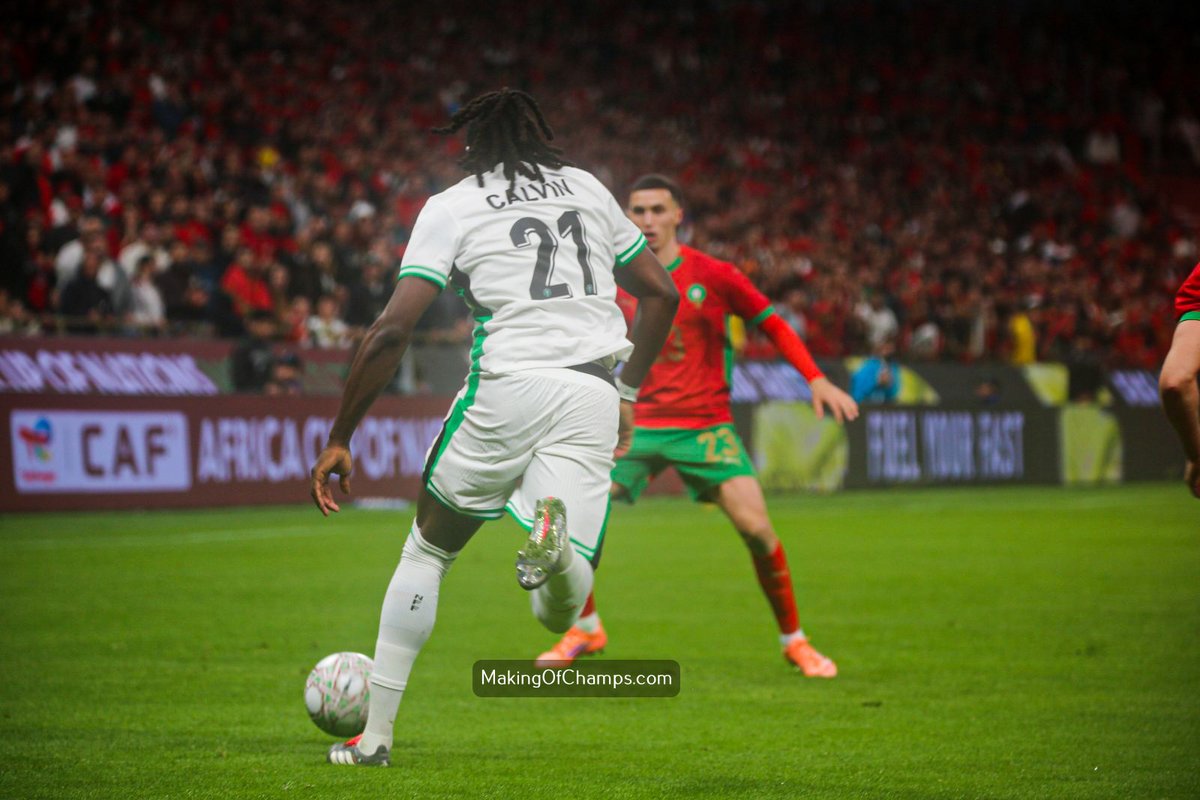 MakingOfChamps's tweet photo. Should the Super Eagles of Nigeria defeat Morocco and qualify for the final of #AFCON2025 , Calvin Bassey will miss the match after picking up a yellow card for a foul on Brahim Diaz. 

#NIGMOR https://t.co/jUuF1kxbJt
