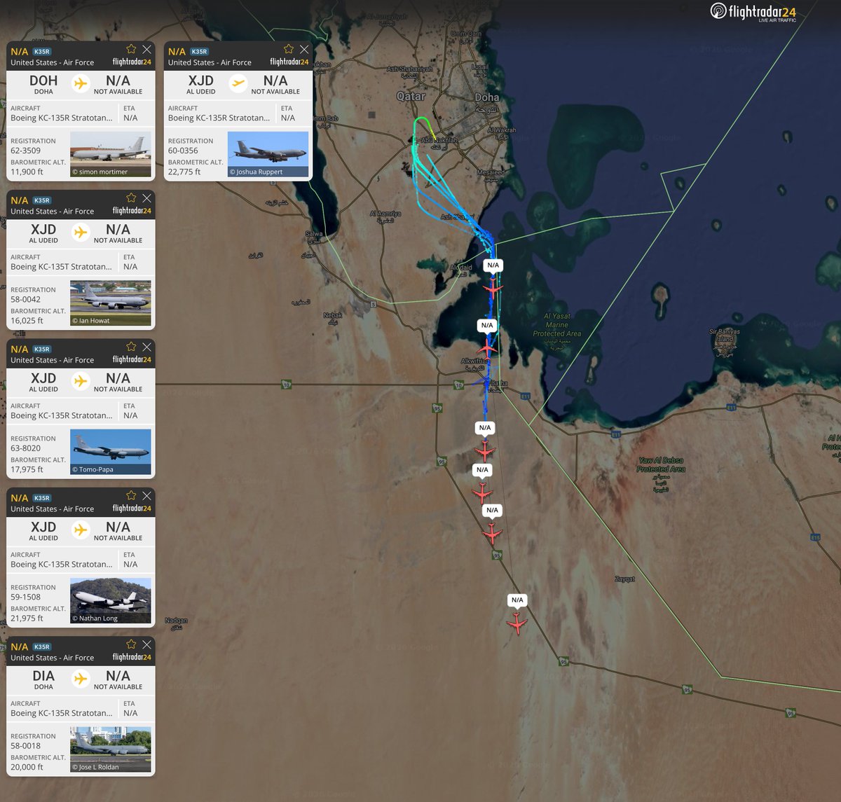 📡| Air Traffic Update:

<a href="/flightradar24/">Flightradar24</a> shows 6 US Air Force KC-135 aerial refueling aircraft departing from #AlUdeidAirBase in #Qatar, in notable movements within the region's airspace. ✈️

#Iran