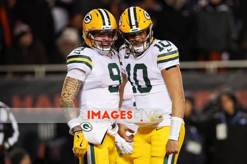 imageslive's tweet photo. Chicago, USA - United States: Green Bay Packers wide receiver Christian Watson (9) celebrates with quarterback Jordan Love (10) after Watson scored on a 7-yard touchdown catch during the first quarter against the Chicago Bears in an NFC Wild Card game at Soldier Field https://t.co/cgE9Rbxigm