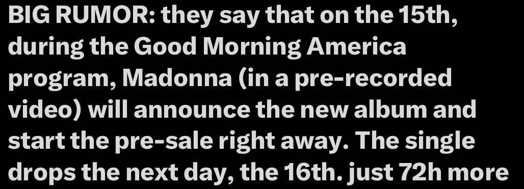se è vero domani tra le 13 e le 15 potremmo avere l’annuncio del nuovo singolo di madonna, e l’inizio finalmente della M15 era
io sto tremando