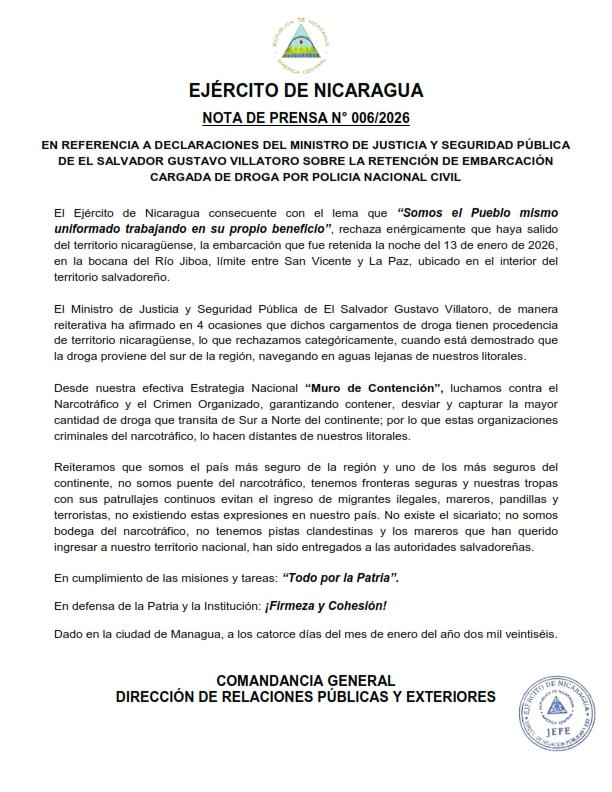 NOTA DE PRENSA DEL EJERCITO DE #NICARAGUA EN REFERENCIA A DECLARACIONES DEL MINISTRO DE JUSTICIA Y SEGURIDAD PUBLICA DE EL SALVADOR
