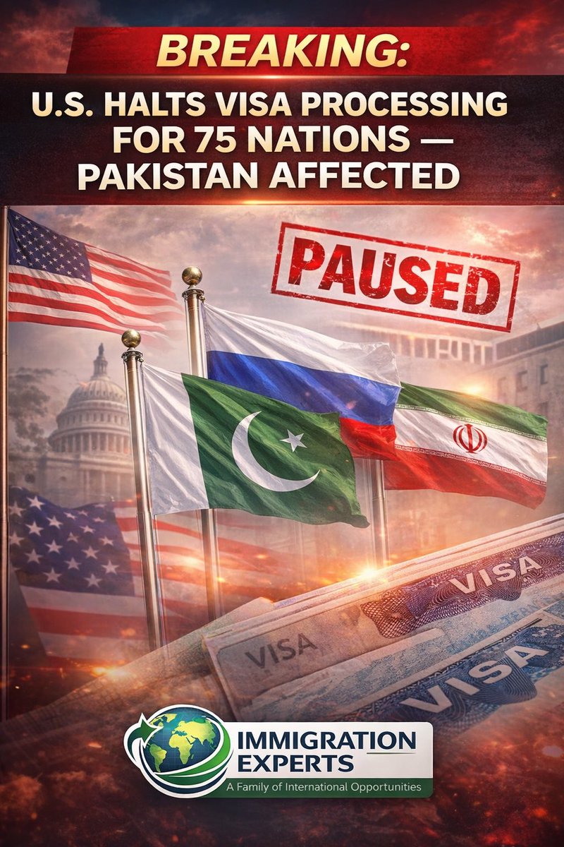 🚨 BREAKING:
The US has paused visa processing for 75 countries, including Pakistan, Russia, Iran and others.

Expect delays in:
• Interview scheduling
• Background checks
• Case approvals