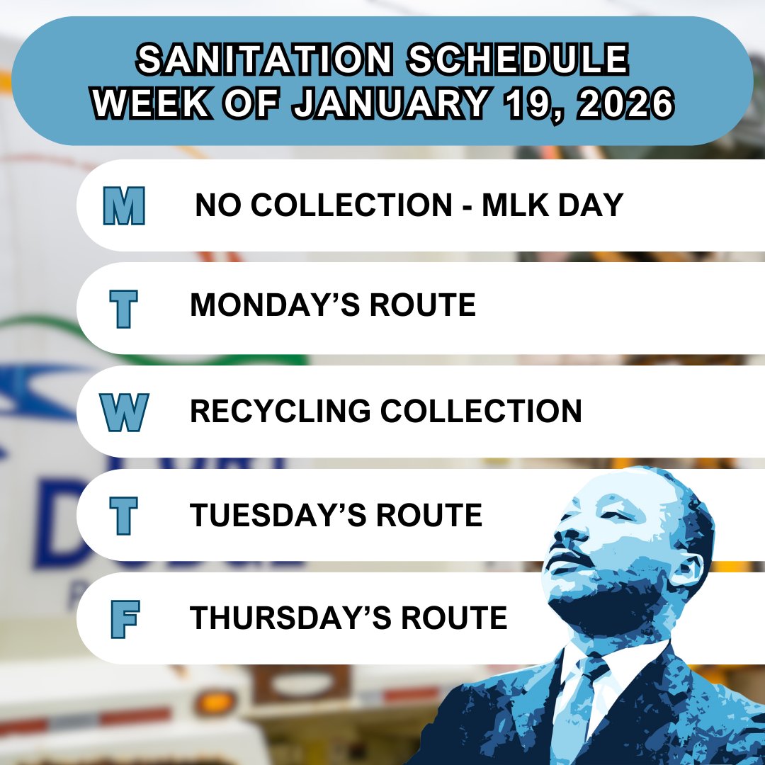 FDCITY's tweet image. 🚛♻️ Reminder: MLK holiday delays trash pickup by one day; recycling unchanged. Set carts out accordingly:

- Mon: No collection
- Tue: Monday route
- Wed: Recycling
- Thu: Tuesday route
- Fri: Thursday route
