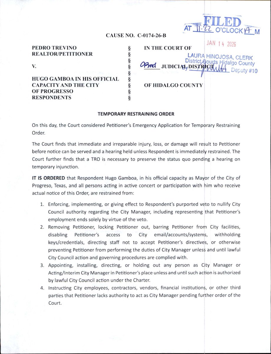 dmhj's tweet photo. Judge signs restraining order against Progreso, keeping city manager in place https://t.co/cXXRWYYjiT via @CBS4RGV https://t.co/BA0AyBz2eR