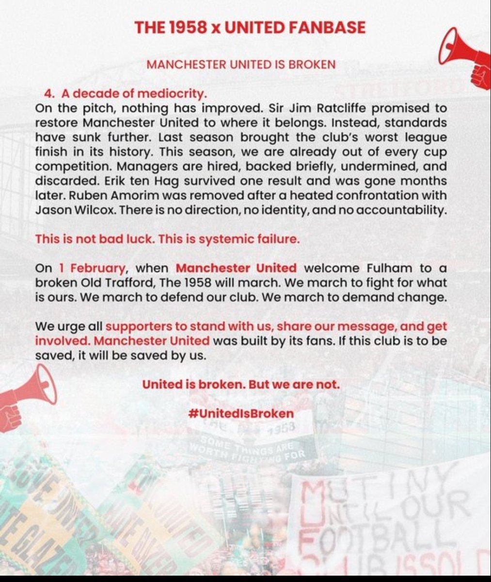 united_mano's tweet image. رابطة 1958 المتعصبة لـ مانشستر يونايتد تقرر عمل مسيرة ضد ملاك النادي ضد فولهام يوم 1 فبراير 

مانشستر يونايتد مُحطّم: الديون تُخنقنا، والجماهير تُستغلّ بأسعار تذاكر باهظة، والمعايير تنهار، وعقدٌ من التواضع تحت إدارة غليزر وإينيوس.

كفى! يونايتد بُني بأيدينا - والآن نُناضل…