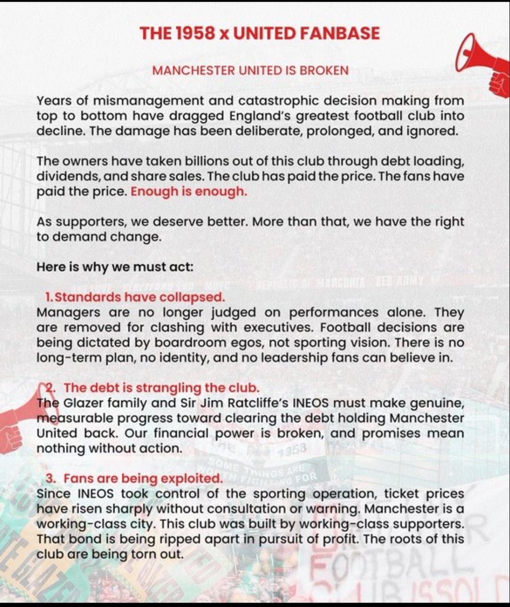 united_mano's tweet image. رابطة 1958 المتعصبة لـ مانشستر يونايتد تقرر عمل مسيرة ضد ملاك النادي ضد فولهام يوم 1 فبراير 

مانشستر يونايتد مُحطّم: الديون تُخنقنا، والجماهير تُستغلّ بأسعار تذاكر باهظة، والمعايير تنهار، وعقدٌ من التواضع تحت إدارة غليزر وإينيوس.

كفى! يونايتد بُني بأيدينا - والآن نُناضل…