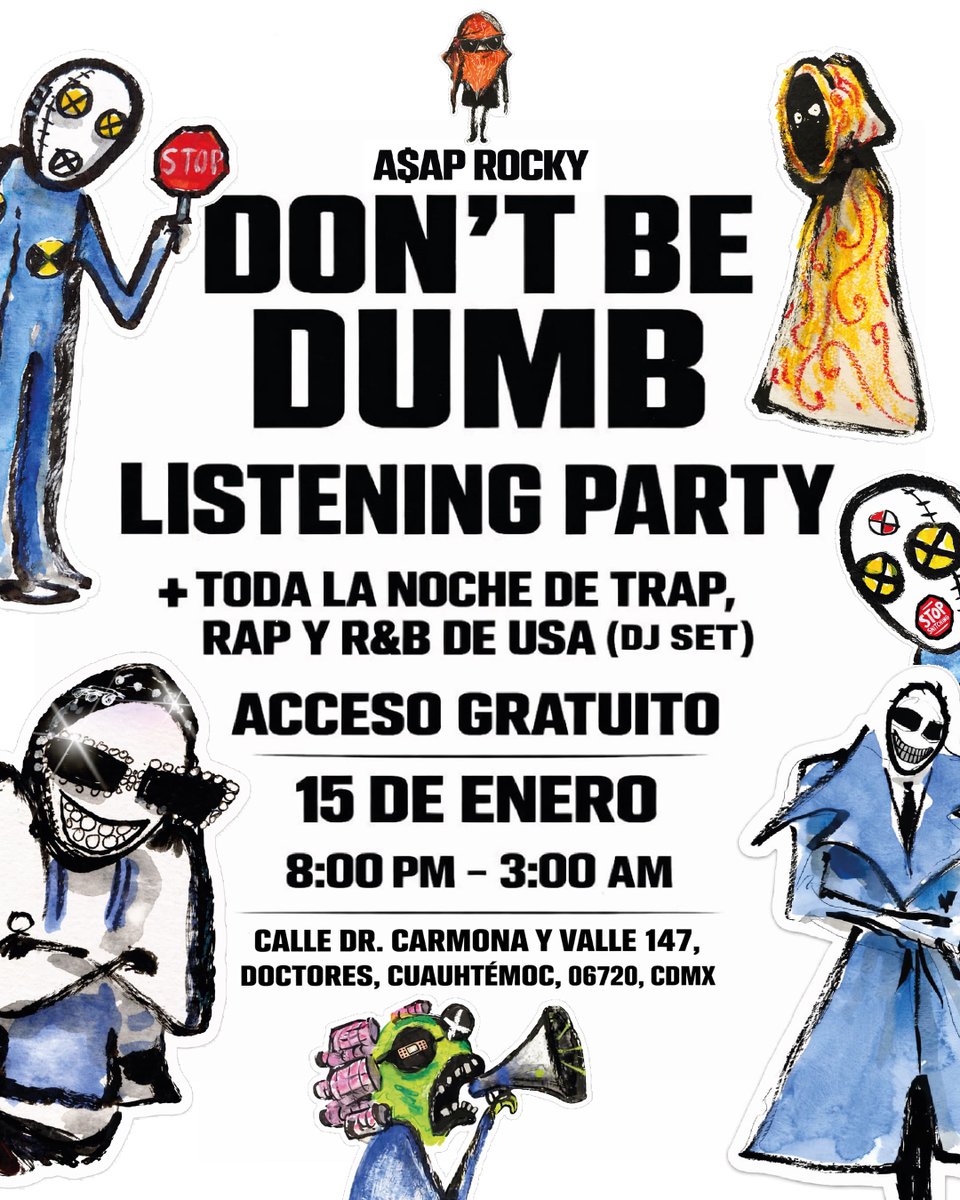 TimeOutMexico's tweet image. 'DON’T BE DUMB', el próximo álbum de A$AP Rocky, tendrá una listening party GRATUITA en CDMX 💿🇲🇽

📍Dr. Carmona y Valle 147, Doctores. Metrobús Cuauhtémoc. Jue 15, 8pm.

Detalles aquí 👇