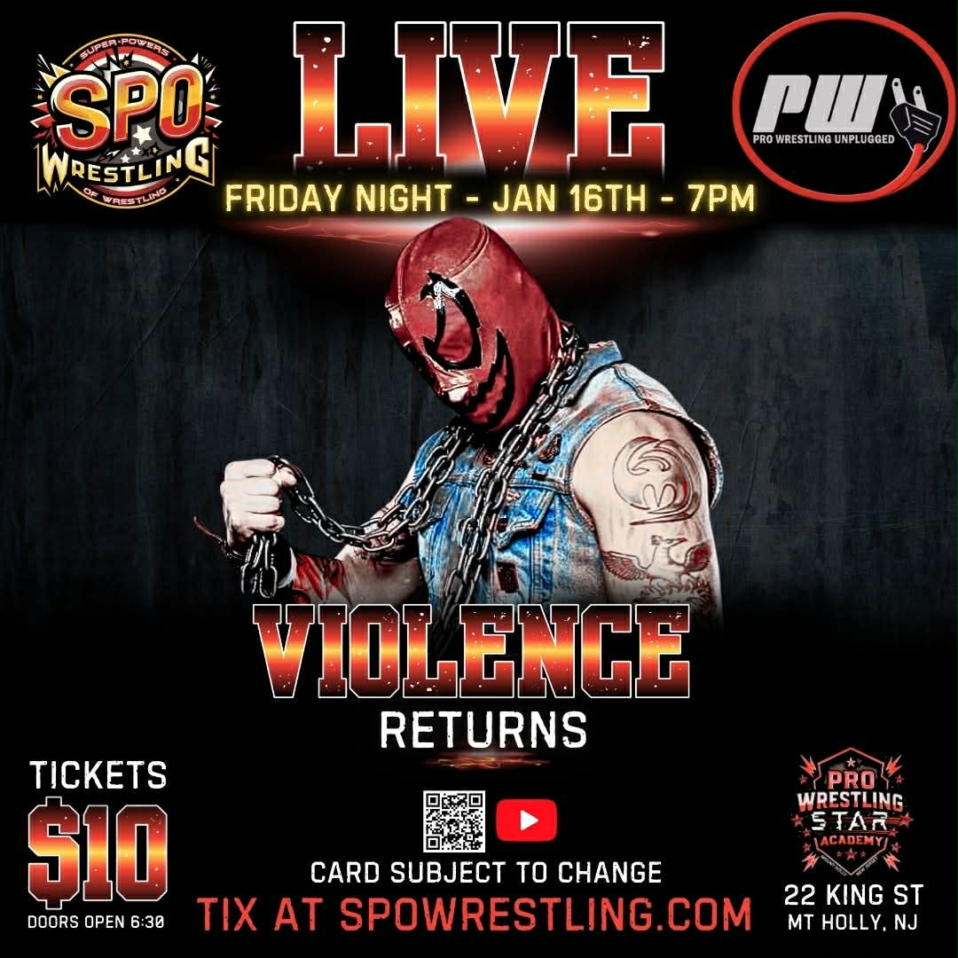 The Standout Character and Fan Interaction Attraction VIOLENCE returns to <a href="/SPOWrestling/">SPO Wrestling</a> in Mt Holly, NJ THIS FRIDAY NIGHT! BE THERE! LET'S GET NUTS! 🤘 👊