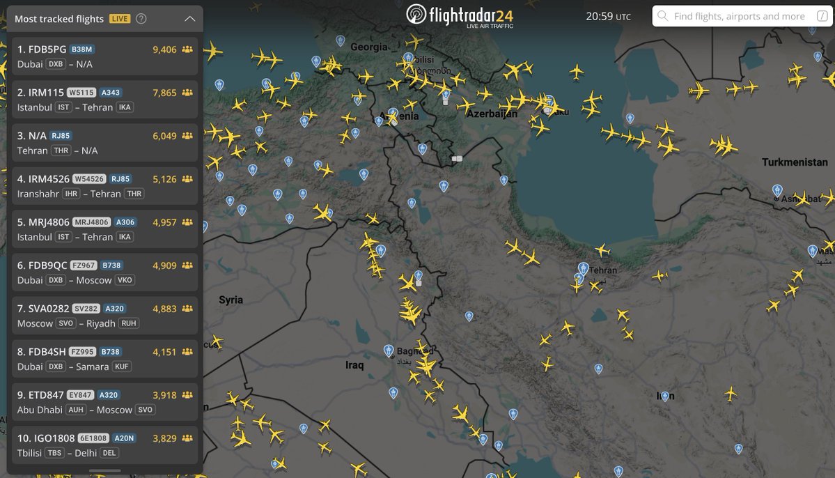amitlev's tweet image. בזמן שחיפשתי את זה, קלטתי ש-10 הטיסות הכי נעקבות כרגע, כולן עוברות במערב איראן.
(וכמו שאפשר לראות, המרחב האווירי עדיין פתוח)
