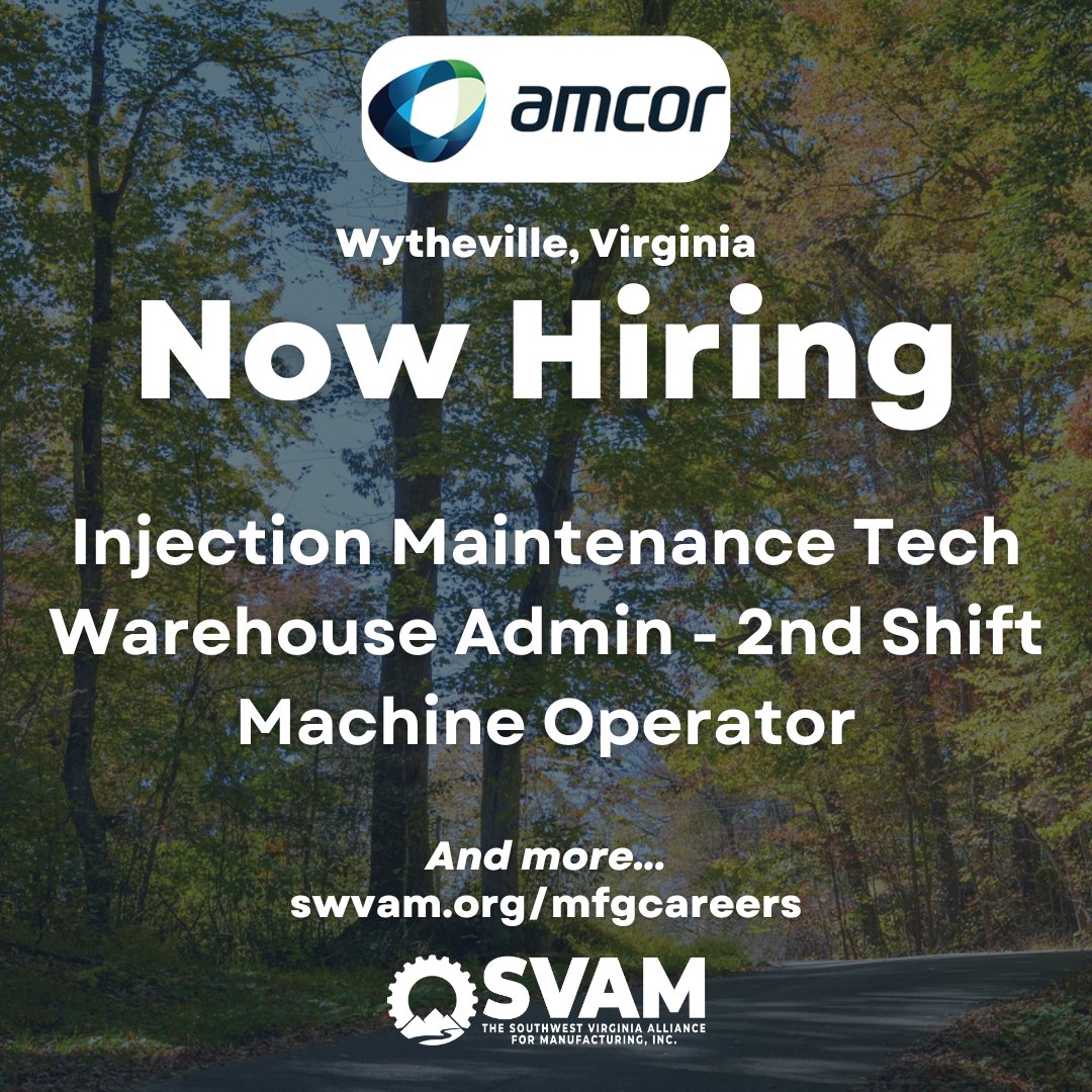 SWVAMfg's tweet image. 📦 Amcor Rigid Packaging in Wytheville, VA is hiring! Explore job opportunities now: ow.ly/yuBU50QwLy0
 #WythevilleVA #JobOpportunity

(Note: This post was created by SVAM and isn't an official post from Amcor Rigid Packaging.)