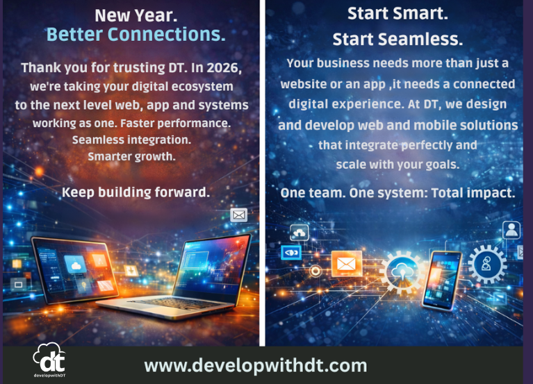 DevWithDT's tweet photo. New year, new standards. Your business needs more than just a website or app,it needs systems that work together.DT builds seamless web and app solutions that run faster, smarter, and scale with you.
Stop juggling tools. Start building smart.
https://t.co/9Bd3RZ558j https://t.co/2AAmliMFO5