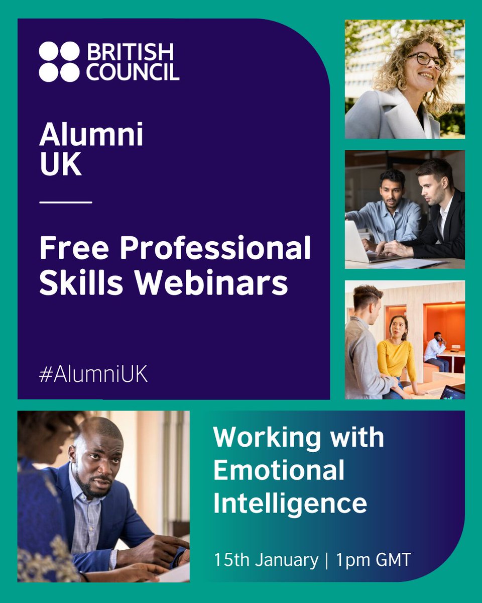 Working with Emotional Intelligence
📅 15 January 2026 | 1–2pm GMT

Learn practical strategies for regulating your emotional state and responding effectively in challenging situations.

Register here: joinalumniuk.britishcouncil.org/event-registra… 
#AlumniUK #ProfessionalDevelopment #SkillsSeries