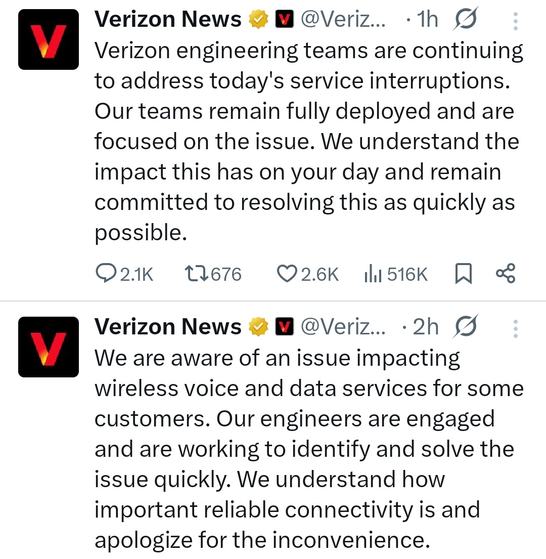upuknews1's tweet photo. #BREAKING : Verizon outage disrupts calling and data services for phone customers across the US

#VerizonDown #CellService #USNews #VerizonOutage #Verizon #USA #UnitedStates https://t.co/Z5gIEq41WQ