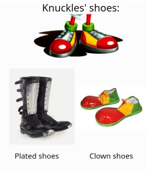 MrSillySunshine's tweet image. Kinda unrelated but I find it really funny how both Sonic and Knuckles' shoes are a mix of the most RANDOM things and that somehow created some insanely iconic drip 😭