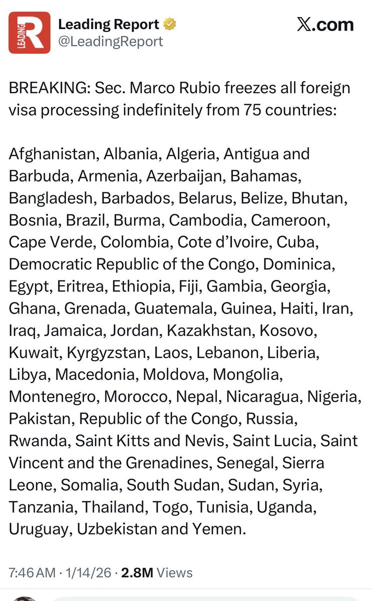 sports_tourism_'s tweet image. عاجل ‼️أمريكا تمنع جمهور البرازيل من حضور كأس العالم ‼️🔥🔥🔥
عاجل ‼️ وزارة الخارجية الأميركية 
تجمد اصدار تأشيرات كأس العالم 
ل 75 دولة من ضمنها البرازيل 🇧🇷‼️
و خمس دول عربية متأهلة ودولة خليجية ‼️

كاليفورنيا: هيثم عبيد

أعلنت وزارة الخارجية الأميركية عن قائمة منع جديدة تشمل…