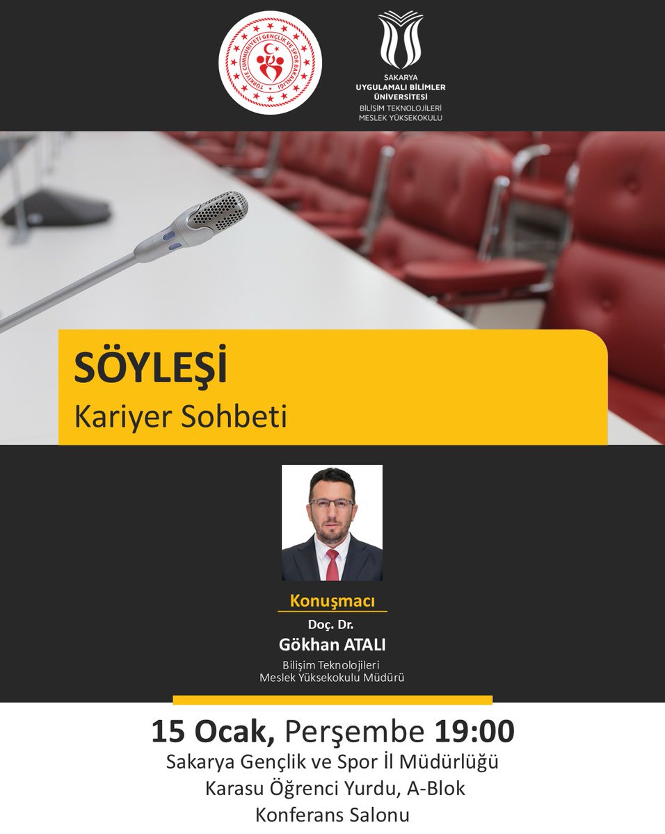 🎤 Söyleşi | Kariyer Sohbeti

Bilişim Teknolojileri MYO Müdürü, Doç. Dr. Gökhan ATALI tarafından gerçekleştirilecek olan söyleşiye tüm öğrencilerimiz davetlidir.

👤 Konuşmacı: Doç. Dr. Gökhan ATALI
🗓 15 Ocak Perşembe
⏰ 19.00
📍 KYK Karasu A-Blok Konferans Salonu