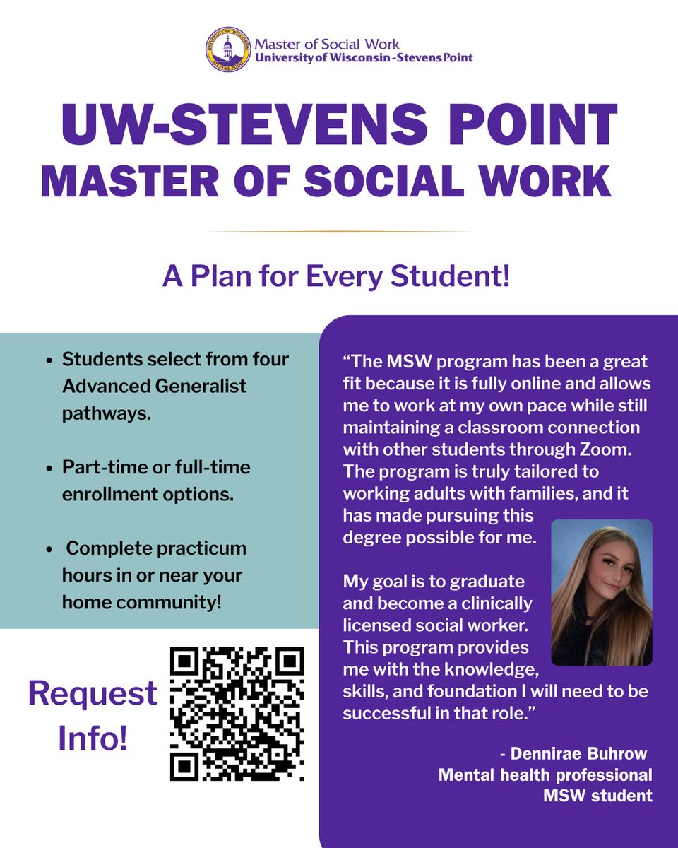 Now offering a school social work pathway approved by the Wisconsin Department of Public Instruction.  The #UWSP Master of Social Work provides the right balance for current students like Dennirae!  uwsp.edu/programs/degre…