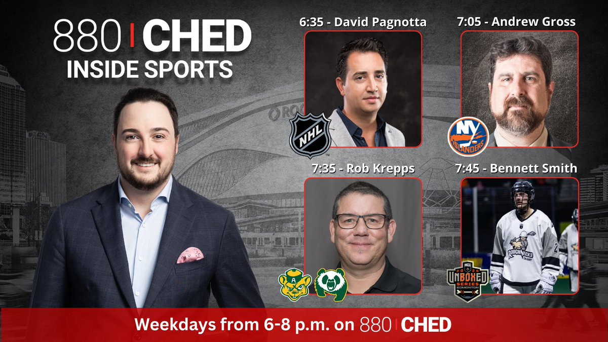 Tonight on Inside Sports live from 6-8 p.m. MT on <a href="/CHED880/">880CHED</a>...

▪️6:35 <a href="/TheFourthPeriod/">David Pagnotta</a>'s David Pagnotta 🏒
▪️7:05 <a href="/AGrossNewsday/">Andrew Gross</a> on the #Isles
▪️7:35 <a href="/BearsandPandas/">UAlberta Golden Bears & Pandas</a> Report: Rob Krepps 🥌
▪️7:45 <a href="/NLLRoughnecks/">Calgary Roughnecks</a> defenceman <a href="/bsmittyy3/">Bennett Smith</a> 🥍

Call or text 780-451-8800 to get in on the