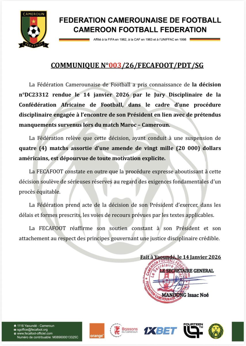 #INFO 🚨 

La #FECAFOOT communique et informe l’opinion publique que le Jury disciplinaire de la #CAF condamne le Président Samuel Eto’o à 4 matchs de suspension et 20 000$ d’amande