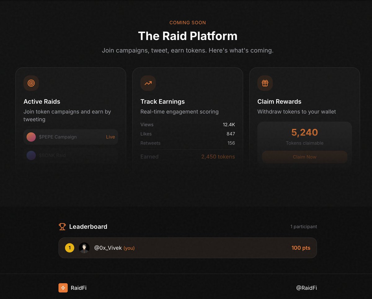 gm raiders

$RAID airdrop registration is open 🔥

✅ Login with X
✅ Submit your Solana wallet
✅ Refer friends for bonus points

Get paid to shill memecoins. Platform launching soon.

Early = bigger bags 💰

link : raidfi-v2.vercel.app