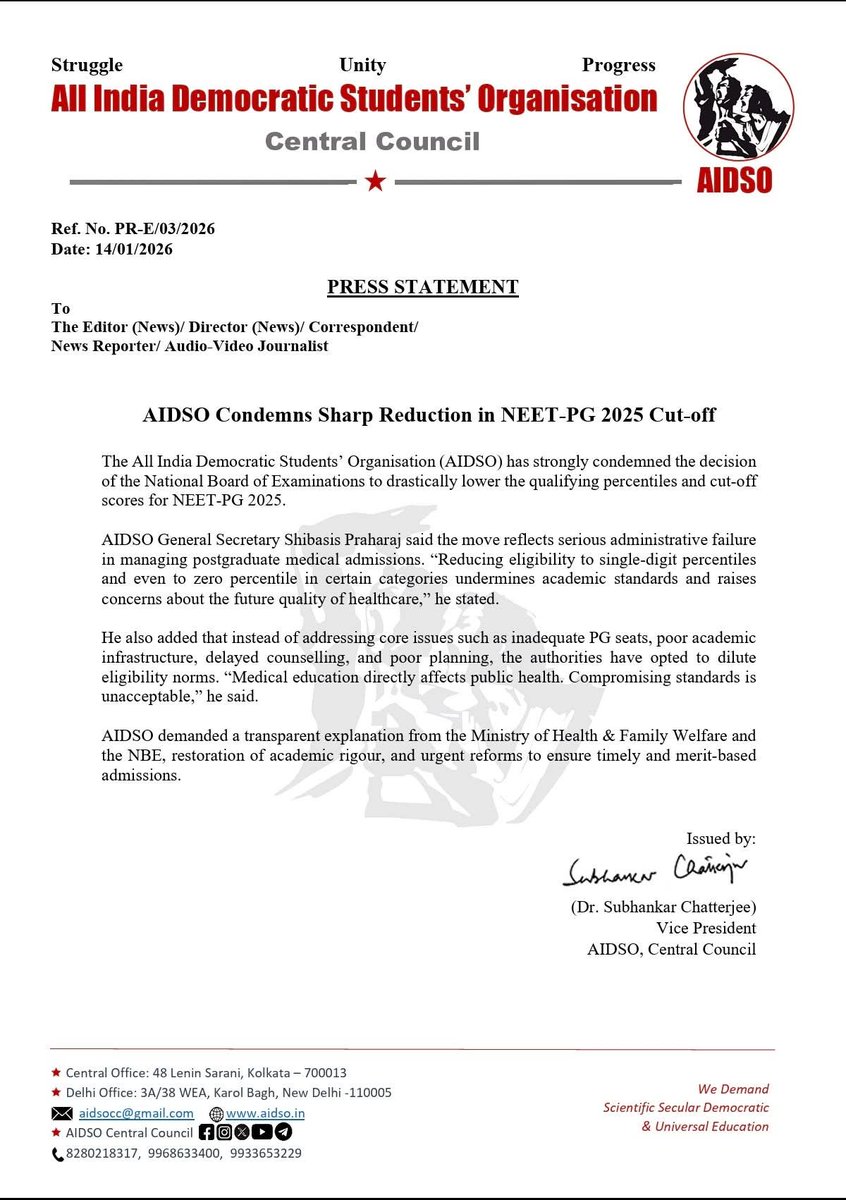 #AIDSO Condemns Sharp Reduction in NEET-PG Cut-off