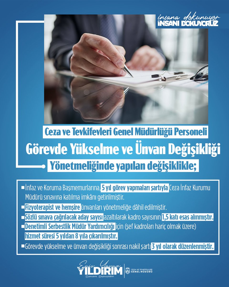 Adalet Bakanımız Sayın Yılmaz TUNÇ’un <a href="/yilmaztunc/">Yılmaz TUNÇ</a> tensipleri ile personelimizin bir beklentisi daha çözüme kavuştu.Liyakate dayalı daha adil bir yaklaşımla, görevde  yükselme yönetmeliği değişikliğinin Milletimiz, teşkilatımız ve personelimiz için hayırlı olmasını temenni ederim.