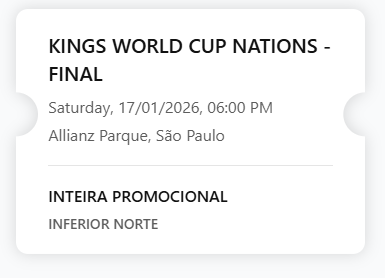 KatobaXD's tweet photo. Vendo Ingresso para final da kings League (kings word cup nations), Inferior Norte (mais perto do campos comparando ingressos do setor superior)... No precinho, entrem em contato. https://t.co/Q7LsPUQO8k