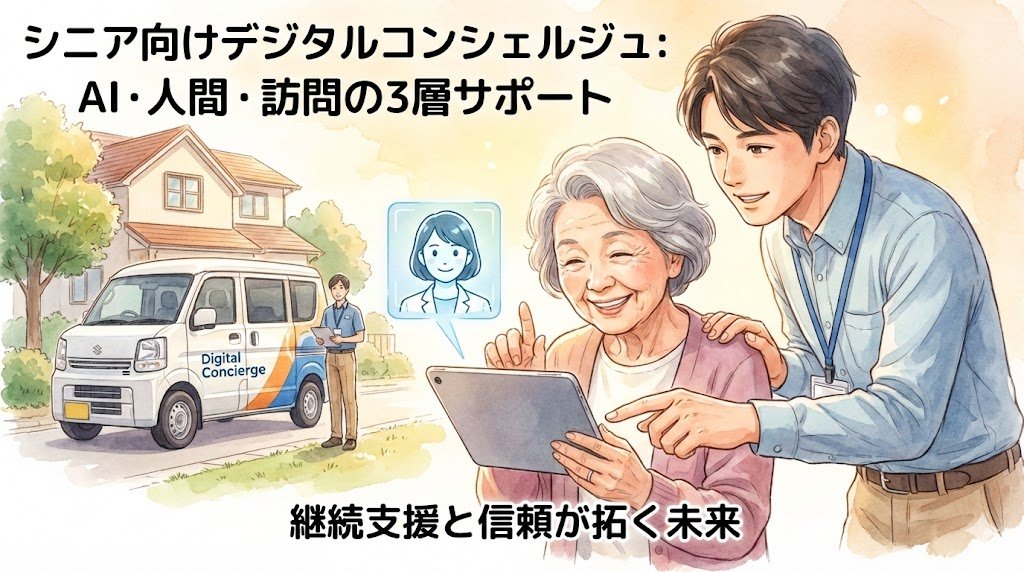 🔍 デジタル格差が生活格差に  

給付金申請、ワクチン予約、行政手続き…すべてがオンライン化する中、取り残される3,600万人の高齢者。  

家族サポート・携帯ショップ講習の限界を超える「デジタルコンシェルジュ」という解決策とは？  

社会的価値と経済性を両立する新ビジネスモデルを解説👇